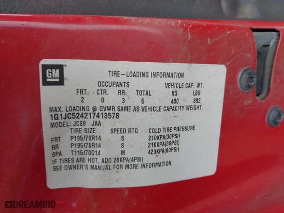 2001 Chevrolet Cavalier with VIN 1G1JC524217413578, listed as a IAAI auction lot 41947379 with 195,418 mi miles. Bid and sale history available at carsss.com. Image 9.
