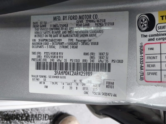 2010 Ford Fusion SPORT with VIN 3FAHP0KC2AR425989, listed as a IAAI auction lot 42041613 with 64,411 mi miles. Bid and sale history available at carsss.com. Image 9.