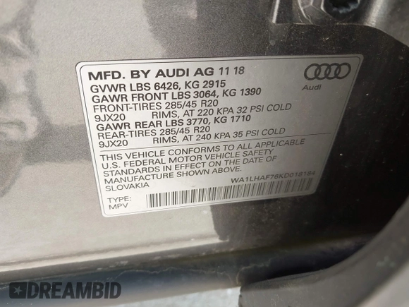 2019 Audi Q7 Premium Plus with VIN WA1LHAF76KD018184, listed as a IAAI auction lot 42056902 with 53,610 mi miles and . Bid and sale history available at DreamBid. Image 9.