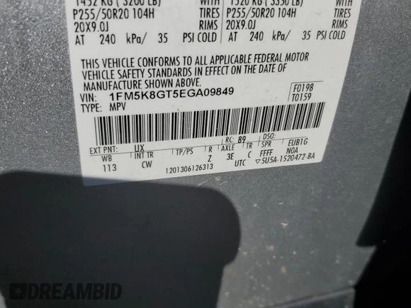 2014 Ford Explorer Sport with VIN 1FM5K8GT5EGA09849, listed as a Copart auction lot 63059625 with 173,920 mi miles and Salvage title. Bid and sale history available at DreamBid. Image 13.