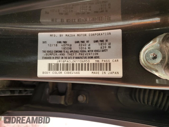 2019 Mazda 3 Select z VIN JM1BPACL2K1106950, wystawiony jako Copart lot #59481345 z przebiegiem 56 582 mil mil oraz Szkoda całkowita • Salvage title. Historia ofert i sprzedaży dostępna na DreamBid. Obrazek 12.