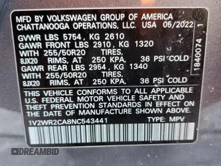 2022 Volkswagen Atlas SE with VIN 1V2WR2CA8NC543441, listed as a Copart auction lot 87537335 with 64,933 mi miles and Non repairable. Bid and sale history available at DreamBid. Image 14.