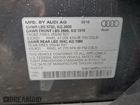 2018 Audi SQ5 Prestige with VIN WA1C4AFY4J2157101, listed as a Copart auction lot 63996054 with 44,524 mi miles and Salvage Title. Bid and sale history available at DreamBid. Image 14.