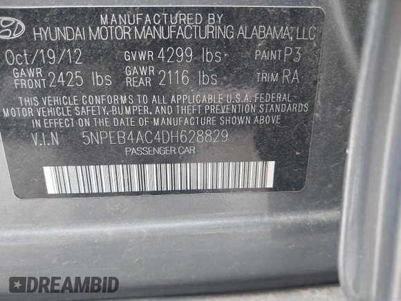 2013 Hyundai Sonata GLS with VIN 5NPEB4AC4DH628829, listed as a IAAI auction lot 42136839 with 121,381 mi miles and . Bid and sale history available at carsss.com. Image 9.