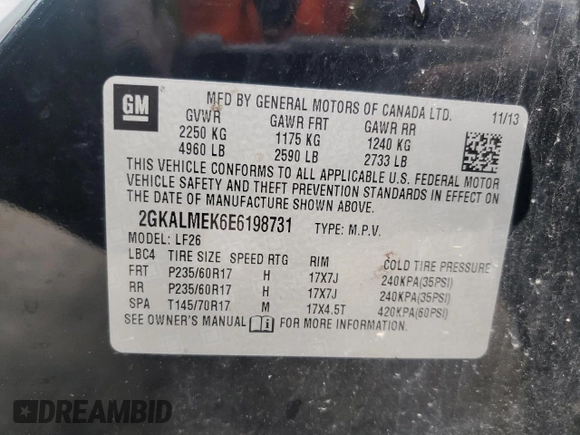 2014 GMC Terrain SLE with VIN 2GKALMEK6E6198731, listed as a Copart auction lot 54182475 with 260,214 mi miles and Salvage title. Bid and sale history available at DreamBid. Image 13.