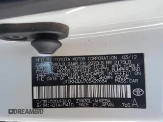 2012 Toyota Prius One with VIN JTDKN3DU7C5429684, listed as a Copart auction lot 53813745 with 252,692 mi miles and Salvage Title. Bid and sale history available at carsss.com. Image 12.