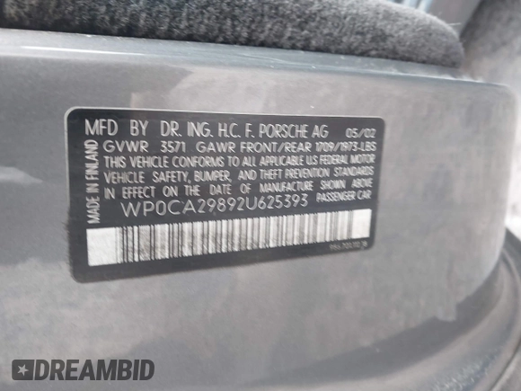 2002 Porsche Boxster with VIN WP0CA29892U625393, listed as a IAAI auction lot 41519494 with 127,790 mi miles and . Bid and sale history available at DreamBid. Image 9.