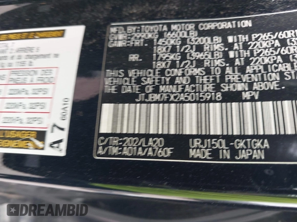 2010 Lexus GX 460 with VIN JTJBM7FX2A5015918, listed as a IAAI auction lot 42139710 with 188,279 mi miles and . Bid and sale history available at DreamBid. Image 9.
