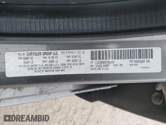 2013 Chrysler 200 Touring z VIN 1C3CCBBB2DN584591, wystawiony jako Copart lot #41503815 z przebiegiem Nie podano mil oraz Szkoda całkowita • Salvage title. Historia ofert i sprzedaży dostępna na DreamBid. Obrazek 14.