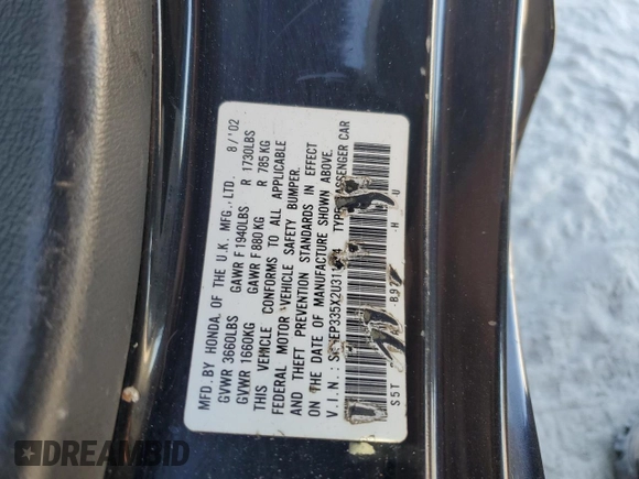 2002 Honda Civic Si with VIN SHHEP335X2U311044, listed as a Copart auction lot 75823094 with 216,126 mi miles and Salvage Title. Bid and sale history available at DreamBid. Image 12.