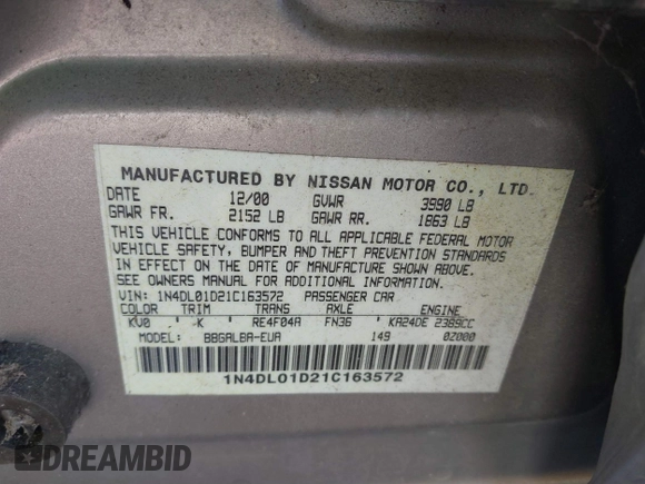 2001 Nissan Altima GXE with VIN 1N4DL01D21C163572, listed as a IAAI auction lot 41616201 with 92,863 mi miles. Bid and sale history available at carsss.com. Image 9.