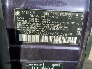 1998 BMW 3 Series M3 with VIN WBSBK0335WEC39639, listed as a Copart auction lot 46694465 with 16,585 mi miles and Clean Title. Bid and sale history available at carsss.com. Image 12.