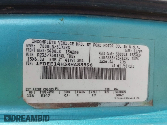 1994 Ford Econoline Cargo with VIN 1FDEE14H3RHA88596, listed as a IAAI auction lot 41948461 with 188,321 mi miles and . Bid and sale history available at DreamBid. Image 9.