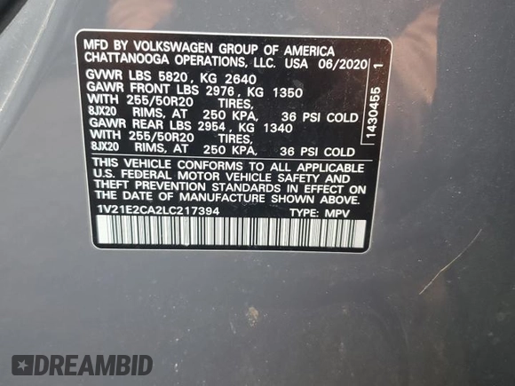 2020 Volkswagen Atlas SE with VIN 1V21E2CA2LC217394, listed as a Copart auction lot 62007135 with 150,599 mi miles and Salvage title. Bid and sale history available at DreamBid. Image 13.