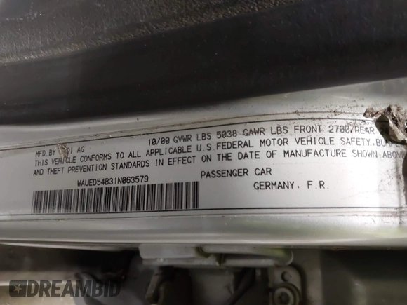 2001 Audi A6 with VIN WAUED54B31N063579, listed as a IAAI auction lot 41910748 with 131,830 mi miles. Bid and sale history available at carsss.com. Image 9.