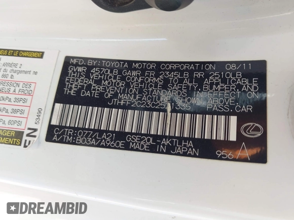 2012 Lexus IS 250 C with VIN JTHFF2C23C2521335, listed as a IAAI auction lot 41972354 with 88,508 mi miles and . Bid and sale history available at DreamBid. Image 9.