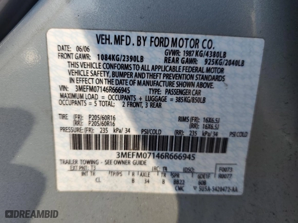 2006 Mercury Milan with VIN 3MEFM07146R666945, listed as a Copart auction lot 49838285 with 70,493 mi miles and Clean Title. Bid and sale history available at carsss.com. Image 12.