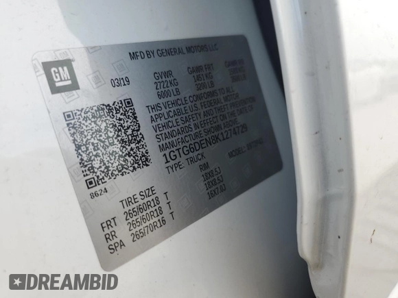 2019 GMC Canyon 4WD SLT with VIN 1GTG6DEN8K1274729, listed as a Copart auction lot 60804575 with 107,382 mi miles and Salvage title. Bid and sale history available at DreamBid. Image 13.