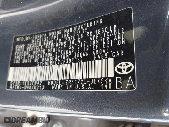 2016 Toyota Corolla L with VIN 5YFBURHE7GP395652, listed as a IAAI auction lot 41916719 with 160,265 mi miles and . Bid and sale history available at DreamBid. Image 9.
