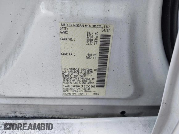 2017 Nissan Altima SR with VIN 1N4AL3AP9HN352099, listed as a IAAI auction lot 41734978 with 168,634 mi miles and . Bid and sale history available at DreamBid. Image 9.