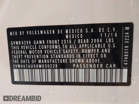 2017 Volkswagen GTI S z VIN 3VW447AU5HM030228, wystawiony jako IAAI lot #41497809 z przebiegiem 75 101 mil mil oraz . Historia ofert i sprzedaży dostępna na DreamBid. Obrazek 9.