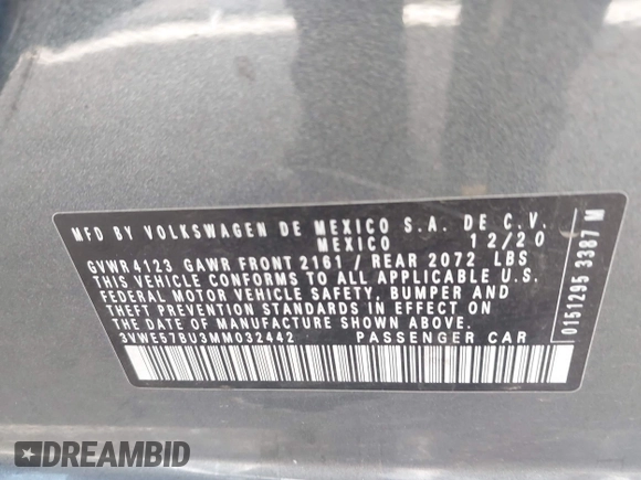 2021 Volkswagen Jetta SEL z VIN 3VWE57BU3MM032442, wystawiony jako IAAI lot #42404802 z przebiegiem 32 927 mil mil oraz . Historia ofert i sprzedaży dostępna na DreamBid. Obrazek 9.