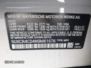 2022 BMW X5 sDrive40i with VIN 5UXCR4C04N9M61676, listed as a IAAI auction lot 41131319 with 29,731 mi miles. Bid and sale history available at carsss.com. Image 9.