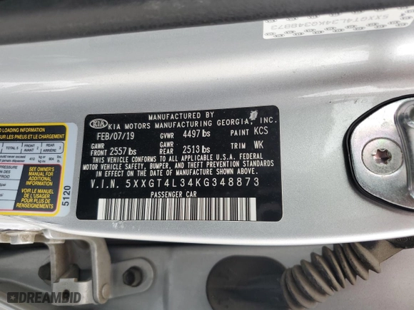 2019 Kia Optima LX with VIN 5XXGT4L34KG348873, listed as a Copart auction lot 48747885 with 84,525 mi miles and Salvage Title. Bid and sale history available at carsss.com. Image 13.