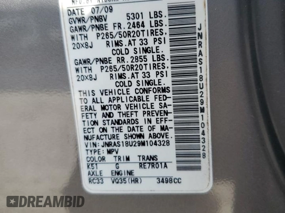 2009 Infiniti FX35 with VIN JNRAS18U29M104328, listed as a Copart auction lot 71885464 with 183,682 mi miles and Salvage Title. Bid and sale history available at carsss.com. Image 15.