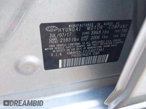 2018 Hyundai Elantra with VIN KMHH35LE0JU027381, listed as a IAAI auction lot 42260688 with 29,266 mi miles and . Bid and sale history available at DreamBid. Image 9.
