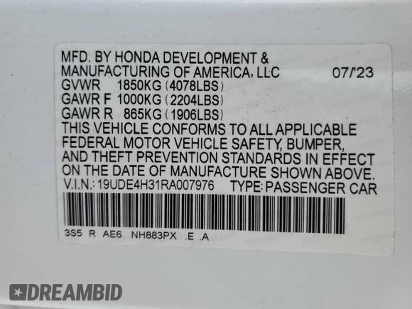 2024 Acura Integra w/A-Spec Package with VIN 19UDE4H31RA007976, listed as a Copart auction lot 53401235 with 21,486 mi miles and Salvage title. Bid and sale history available at DreamBid. Image 12.