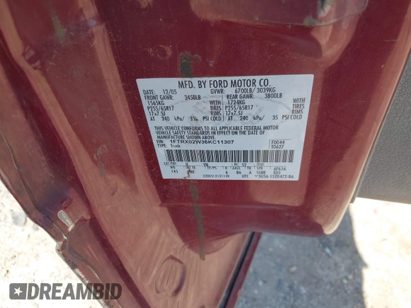2006 Ford F-150 STX с VIN 1FTRX02W36KC11307, выставлен на аукционе IAAI как лот 42037898 с пробегом 177 405 миль миль и . История ставок и продаж доступна на DreamBid. Изображение 9.