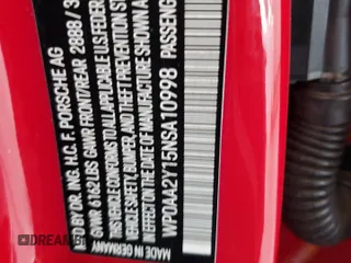 2022 Porsche Taycan with VIN WP0AA2Y15NSA10998, listed as a Copart auction lot 57882945 with Not provided miles and Salvage title. Bid and sale history available at DreamBid. Image 12.