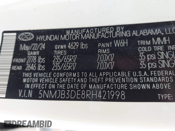 2024 Hyundai Tucson SEL with VIN 5NMJB3DE8RH421998, listed as a IAAI auction lot 42217680 with 18,876 mi miles and . Bid and sale history available at DreamBid. Image 9.