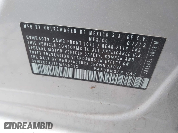 2013 Volkswagen Jetta S with VIN 3VW2K7AJ5DM355023, listed as a IAAI auction lot 42009198 with Not provided miles and . Bid and sale history available at DreamBid. Image 9.