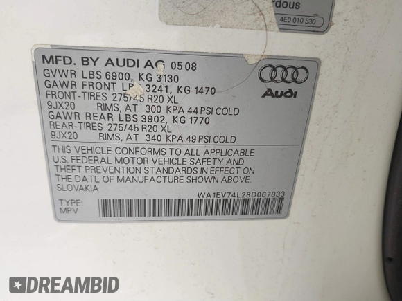 2008 Audi Q7 4.2L Premium with VIN WA1EV74L28D067833, listed as a IAAI auction lot 41541882 with 1 mi miles. Bid and sale history available at carsss.com. Image 9.