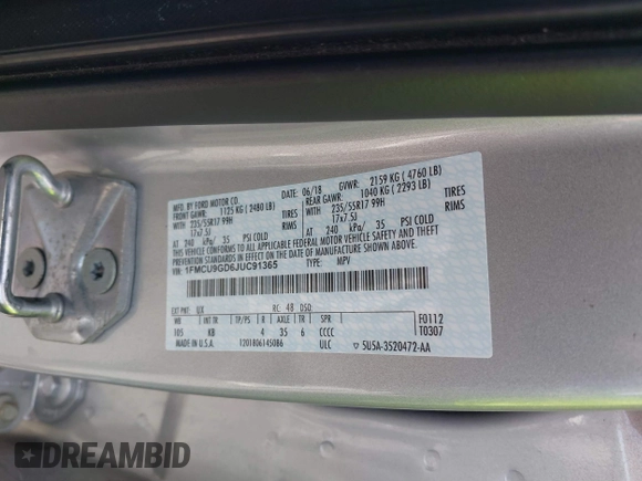 2018 Ford Escape SE z VIN 1FMCU9GD6JUC91365, wystawiony jako IAAI lot #39152113 z przebiegiem 129 283 mil mil oraz . Historia ofert i sprzedaży dostępna na DreamBid. Obrazek 9.