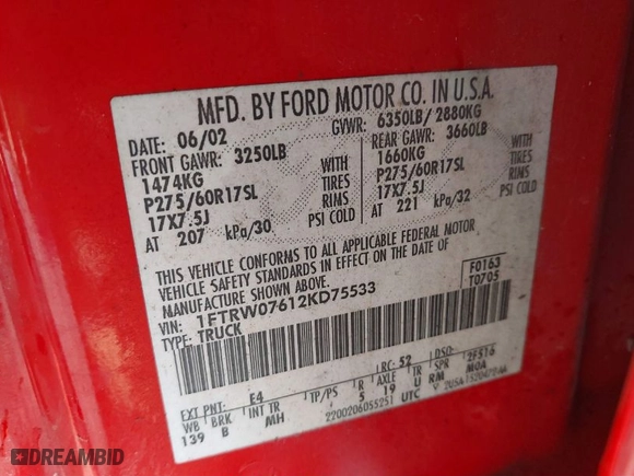 2002 Ford F-150 XLT with VIN 1FTRW07612KD75533, listed as a IAAI auction lot 41602986 with 1 mi miles. Bid and sale history available at carsss.com. Image 9.
