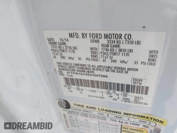 2014 Ford F-150 XL with VIN 1FTFW1EF6EKG07589, listed as a IAAI auction lot 41757895 with 190,281 mi miles. Bid and sale history available at carsss.com. Image 9.