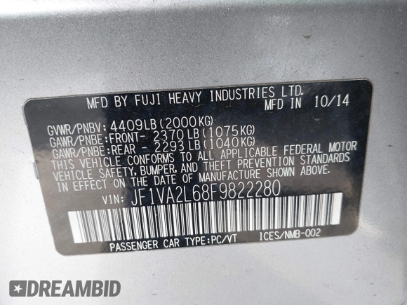 2015 Subaru WRX STI с VIN JF1VA2L68F9822280, выставлен на аукционе IAAI как лот 41556978 с пробегом 86 566 миль миль и . История ставок и продаж доступна на DreamBid. Изображение 9.