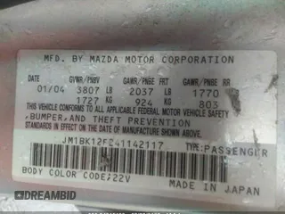 2004 Mazda 3 i with VIN JM1BK12F241142117, listed as a IAAI auction lot 34915199 with Not Provided miles and . Bid and sale history available at DreamBid. Image 9.