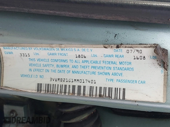 1991 Volkswagen Jetta z VIN 3VWRB21G1MM017401, wystawiony jako IAAI lot #41018295 z przebiegiem 206 316 mil mil oraz . Historia ofert i sprzedaży dostępna na DreamBid. Obrazek 9.
