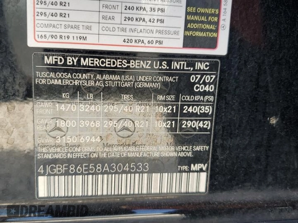 2008 Mercedes-Benz GL-Class 5.5L with VIN 4JGBF86E58A304533, listed as a Copart auction lot 72450714 with 146,489 mi miles and Clean Title. Bid and sale history available at carsss.com. Image 15.