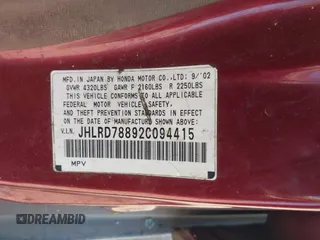 2002 Honda CR-V EX with VIN JHLRD78892C094415, listed as a IAAI auction lot 42406205 with 218,279 mi miles and . Bid and sale history available at DreamBid. Image 9.