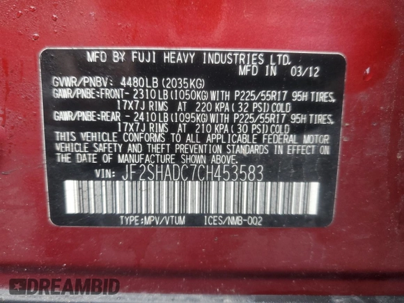 2012 Subaru Forester X Premium с VIN JF2SHADC7CH453583, выставлен на аукционе Copart как лот 61231275 с пробегом 125 312 миль миль и Списание • Salvage title. История ставок и продаж доступна на DreamBid. Изображение 13.