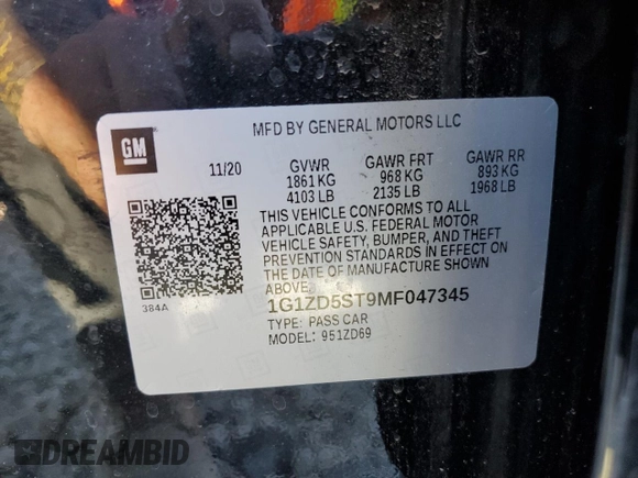 2021 Chevrolet Malibu LT with VIN 1G1ZD5ST9MF047345, listed as a Copart auction lot 48536935 with 82,196 mi miles and Clean Title. Bid and sale history available at DreamBid. Image 12.