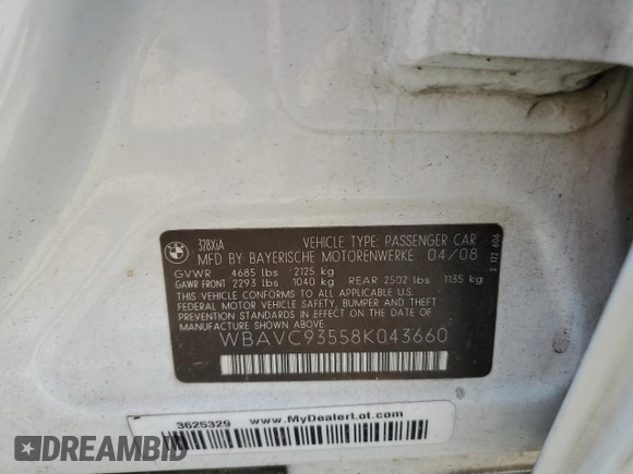 2008 BMW 3 Series 328xi with VIN WBAVC93558K043660, listed as a Copart auction lot 58417795 with Not provided miles and Salvage title. Bid and sale history available at DreamBid. Image 12.
