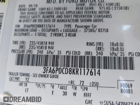 2019 Ford Fusion SEL with VIN 3FA6P0CD8KR117614, listed as a IAAI auction lot 42105025 with 135,801 mi miles and . Bid and sale history available at DreamBid. Image 9.
