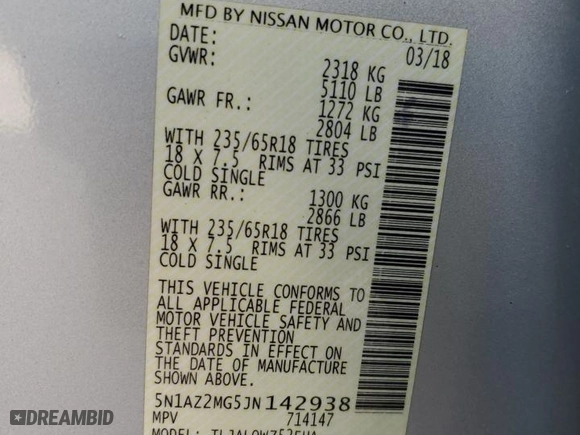 2018 Nissan Murano Platinum with VIN 5N1AZ2MG5JN142938, listed as a Copart auction lot 86399084 with 145,398 mi miles and Salvage Title. Bid and sale history available at carsss.com. Image 14.