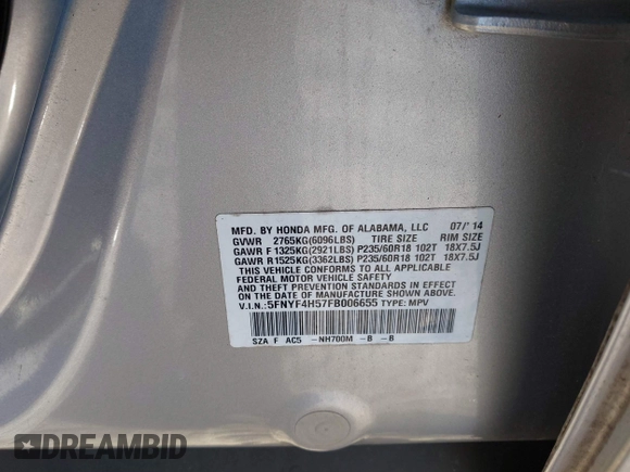 2015 Honda Pilot EX-L with VIN 5FNYF4H57FB006655, listed as a IAAI auction lot 41822385 with 125,915 mi miles and . Bid and sale history available at carsss.com. Image 9.